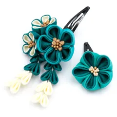 七五三 髪飾り 三歳 七歳 日本髪 花 2点セット ちりめん 緑 青緑 白 ゴールド つまみ細工 藤下がり 小さい ピン ぱっちんピン No.9-5248