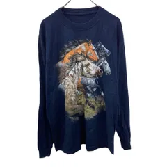 長袖プリントTシャツ XL～ ネイビー プルオーバー アニマルプリント ホース ロングスリーブ 古着卸 アメリカ仕入 a705-6506