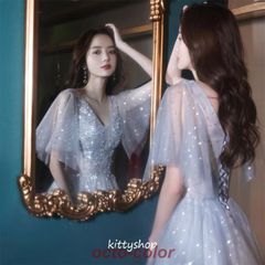 結婚式ドレス 二次会ドレス ミモレ丈 パーティードレス Vネック サックス お呼ばれドレス ミディアム丈 Aライン イブニングドレス 可愛い 20代 30代CYB686目玉商品