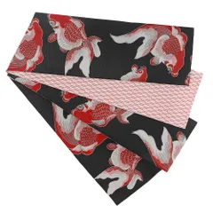 半幅帯 浴衣帯 ゆかた帯 桐生織 黒地 ブラック 赤 金魚 出目金 矢羽根 ポリエステル リバーシブル 浴衣 和柄 お洒落 粋 個性的 No.10-3907