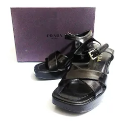 美品 PRADA プラダ レザー スクエアトゥ デザインヒール ストラップサンダル サイズ37 約24cm ブラック レディース 古着 中古 USED