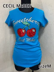 【お得】 く62　CECIL McBEE/セシルマクビー　半袖カットソー/Tシャツ　sizeM　水色/ライトブルー　さくらんぼ/チェリー　スパンコール　ビーズ　　匿名配送