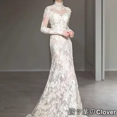 【美品・未使用新品】花柄レースが美しい 長袖にハイネックのウェディングドレス