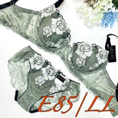 （935701）脇高ラメ入り大花刺繍ブラ＆ショーツセット【E85/LL】 モスグリーン