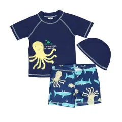 ☆ ネイビー ☆ 93cm-105cm(5T) ☆ 水着半袖男の子 lyswim6 水着 男の子 ラッシュガード キッズ セパレート 3点セット 約 80 90 100 110 約 120 130 140 ベビー 半袖 帽子付き ショートパンツ 裏地付き