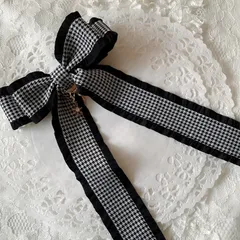 ❤️255千鳥格子フリルリボンポニーフック❤️ブラック