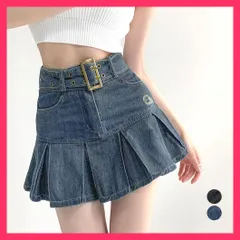 【スタッフおすすめ！】 ミニデニムプリーツスカート ベルト付き アメカジデニム脚長/着やせ台形スカート/無地美脚美尻レトロ ハイウエスト フレアスカート 韓国Aラ おすすめ おしゃれ　かわいい　人気 84GAY-001