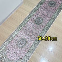 プリント キッチンマット　50×240㎝　ピンク　光沢　軽い　アンティーク調　ペルシャ風プリント　ロングマット