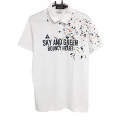 【美品】ルコックゴルフ 半袖ポロシャツ 白×ネイビー フロントプリント ペイント風 メンズ LL ゴルフウェア le coq sportif