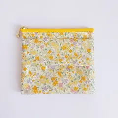 フラワー&リーフ☆イエロー☆ティッシュポーチ☆ラミネート☆ポーチ☆ポケットティッシュ☆花柄☆フラットポーチ☆ポケットティッシュケース付きポーチ