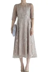 [アウニイ] パーティ ワンピース ドレス レディース 結婚式およばれワンピース レース 刺繍 五分袖 パーティードレス お呼ばれ エンブロイダリー チュールドレス わんぴーす 春 夏 謝恩会 披露宴 二次会 発表会 3211 [ベージュ / 155] [M]