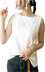 Crossmarbery(クロスマーベリー) ストレッチ タンクトップ レディース インナー コットン 綿 ノースリーブ スポーツ 大きいサイズ 無地 綿100 ボートネック シンプル JX104-WH-4L(オフホワイト,  4L)