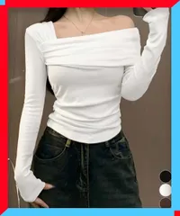 新品 ワンオフショルダーTシャツ肩出しトップス 肩見せトップス長袖 おしゃれt 着やせ きれいめTシャツ黒