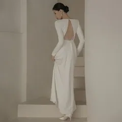 ウェディングドレス ロングドレス マーメイドドレス サテン 長袖 バックレス マーメイドライン シンプル 二次会 結婚式 前撮り ブライダル 花嫁 ウエディングドレス 0564