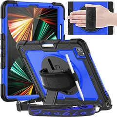 iPad Pro 12.9 インチ_ブラック +ダークブルー Timecity iPad Pro 12.9 ケース 第6543世代 2022202120202018モデル 頑丈 耐衝撃 保護フィルム付き スタンド機能 ペン収納 ワイヤレス充電対応 ハンドストラ