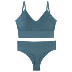 ブラジャー ショーツ Tバック セット ノンワイヤー 下着 女性 スポーツ ブラセット 運動 ヨガ ジム M マリンブルー