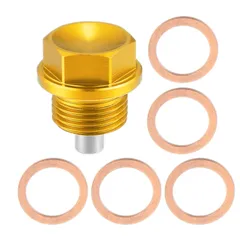X AUTOHAUX オイルドレンプラグ 磁石 アルミニウム サンプドレンナット オイルドレンボルト 5個のワッシャー付き 車用 オートバイ用 M18x1.5 ゴールドトーン 1セット