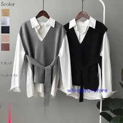 ニット Vネック ベルト付き プルオーバー トップス ノースリーブ カジュアル ショート丈 無地 重ね着風 ゆったり 通勤