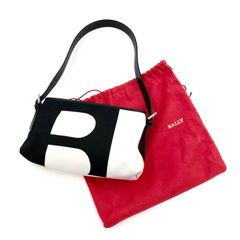 ■極上美品■BALLY バリー　Bロゴ　アクセサリーポーチ　ミニバッグ　ワンハンドバッグ　キャンバス×レザー　ブラック×ホワイト　バイカラー　シルバー金具　レディース　保存袋付き