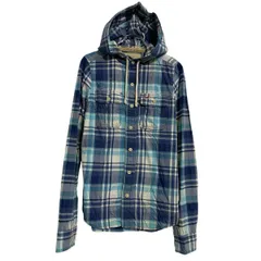HOLLISTER 長袖 チェックシャツ M ネイビー ブルー ホワイト ボタン 胸ポケット ワンポイント ロゴ フード 古着卸 アメリカ仕入 a701-7355