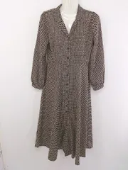 ◇ And Search アンドサーチ 総柄 開襟 長袖 膝下丈 ワンピース サイズM ベージュ ネイビー系 レディース P  【中古】 【1209270003219】