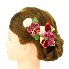 髪飾り 成人式 つまみ細工 赤 振袖 前撮り 袴 花 2点セット 菖蒲色 ピンク ちりめん 組紐 和柄 かんざし かわいい 粋 日本製 No.9-2973