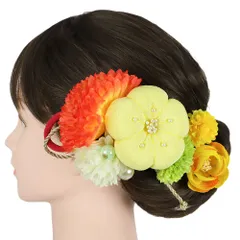 髪飾り 成人式 振袖 4点セット 薄黄色 クリーム色 橙 オレンジ 赤 白 黄緑 ゴールド ちりめん細工 組紐 梅 うめ 組紐 花飾り No.12-1035