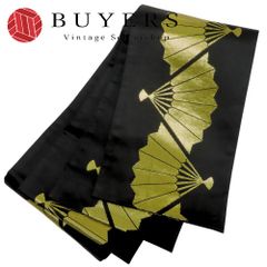 【中古】 半幅帯 ポリエステル 黒 金 踊り用 扇子柄 華やか 和装 呉服 和服 きもの レディース 女性