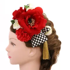 髪飾り 成人式 振袖 浴衣 卒業式 袴 結婚式 2点セット 赤 白 黒　市松 花 和 洋 かんざし 手作り 簪 つまみ細工 ちりめんフォーマル 花飾り 玉飾り ブライダル W 68 304-360 赤 白 市松 p755　Si