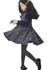 160_紺、グレー [ビートーク] FOM こどもワンピース 子どもワンピース ピアノ発表会 結婚式 チェックスカート ベロアカットソー 女の子 子供服 発表会 衣装 ピアノの発表会 パーティ パーティー ドレス ワンピース 膝丈 ひざ丈 キッズ こども フォ