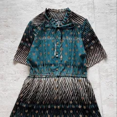 昭和レトロ ドット柄×プリーツ 花柄ワンピース 夏秋　ヴィンテージ 古着女子M1