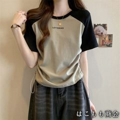 【美品・未使用新品】半袖です☆デザインセンスショートセクションドローストリングポジティブショルダー半袖Tシャツ女性夏新作スキニーヒットカラー