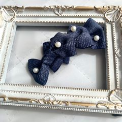 犬用リボン　犬用バレッタ　デニム風　パール　ブルー　ハンドメイド