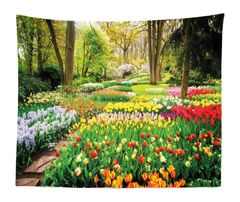 【在庫処分】150cm x 230cm 春の庭の風景タペストリーチューリップラベンダー草と木の壁掛け家の装飾のための寝室の居間 ANLAI