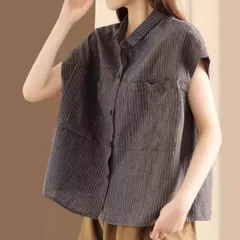 シャツ ストライプ レディース 夏 リネンコットン シャツ トップス フレンチ袖シャツ ノースリーブ 大人可愛い 大きいサイズ ゆったり カジュアル 柔らか 森ガール 通勤 フォーマル U27O861