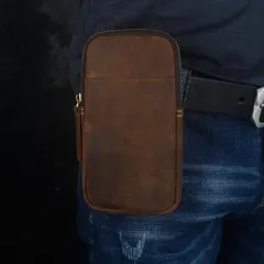 メンズ ファッション オシャレ アイテム 小物  クホースレザー レトロ スマホ バッグ ベルト ジッパー ウエスト バッグ 第一層 牛革 大画面 携帯電話 ポーチ ケース ウエスト バッグ 
