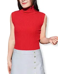 [ハベリィ] タートルネック ノースリーブ リブニット セーター ハイネック トップス レディース (レッド) [レッド] [Free Size]