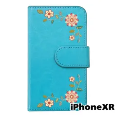 【新品未使用】 iPhone XR 手帳型スマホ ケース 花柄 (カバー色ブルー) エスニック ボヘミアン おしゃれ かわいい カード収納 PUレザー flip2-iphonexr-bl-20059