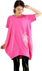 mon luxe monluxe ワンピース コクーン チュニック 半袖 体型カバー コットン ロータス柄 ゆったり 部屋着 ルームウェア トップス( ピンク,  Free Size)