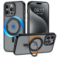KMAMBNG iPhone 13 Pro Max 用 ケース 縦横両対応 リング 【多機能360度回転スタンド】MagSafe対応 ワイヤレス充電対応 半透明マット スマホケース 米軍規格 耐衝撃 カメラレンズ保護 車載ホルダー対応 6.7インチ アイフ 1
