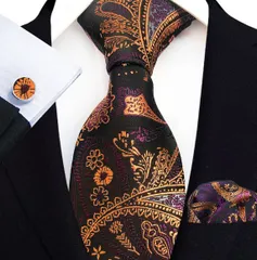 ネクタイ　ポケットチーフ　カフスボタン　格安　3点セット　結婚式 パーティー イベント　成人式　卒業式 入学式 入社式　メンズネクタイ　チーフ　カフス　3点　セット　ペイズリー柄　ブラック色　ゴールド色　パープル色