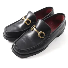 美品★Salvatore Ferragamo SPORT サルヴァトーレ フェラガモ スポーツ ダブルガンチーニ スクエアトゥ レザー ローファー ブラック ゴールド金具 5.5 イタリア製 レディース