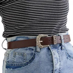 [ドナリー] ヴィンテージ ベルト レディース 細身 105cm PUレザー 彫刻バックル 小柄 細身体型向け ウエスタン 合金バックル おしゃれ 古着 レトロ 韓国風 コーデ用 (ブラウン) [ブラウン]