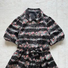 昭和レトロ 花柄×ドット ブラック ワンピース ベルト付　フレアシルエット L1