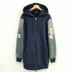 ディーゼル DIESEL ダメージ加工 デニム 切替 スウェット ジップアップ パーカー 美品 S ネイビー