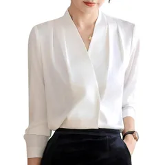 【新品】 [ｉｎｏｔｅｎｋａ] ブラウス レディース トップス 春 長袖 おしゃれ シャツ Vネック 大きいサイズ 体型カバー シフォン フォーマル オフィス フォーマル 無地 通勤 ビジネス 事務服 OL (JP, アルファベット, XL, ホワイト) 1