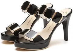 G-tiamo ジーティアモ ミュール サンダル レディース 美脚 オープントゥ ヒール 9 cm ラバー ソール パンプス 23cm( ブラック,  23.0 cm)