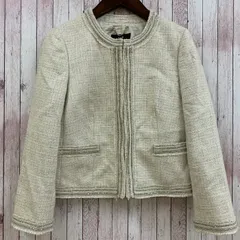 23区 オンワード樫山 ジャケット ノーカラー ツイード フリンジ ラメ糸 パイピング フロントホック ウール ベージュ系 32 レディース