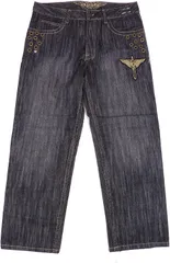 ゴッドボディ スカル刺繍 ダメージ加工 バギー デニムパンツ ブラック