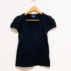BURBERRY BLUE LABEL　バーバリーブルーレーベル　ホースロゴ刺繍　ニット切替　ブラウス　トップス　黒　コットン100%　レディース　38　半袖　リボン　三陽商会　Y2K　フェアリーグランジ　平成ギャル　00s